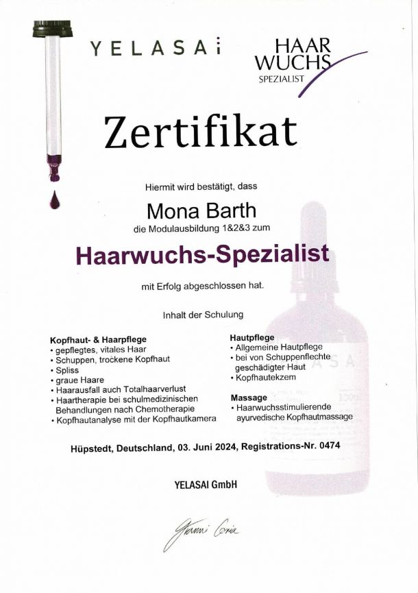 Wellness- und Naturfriseurin Haarwuchs Spezialist Yelasai Zertifikat