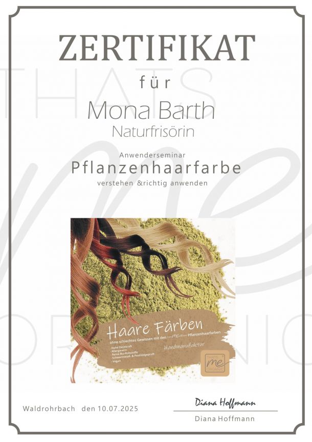 Wellness- und Naturfriseurin Haarwuchs Spezialist Yelasai Zertifikat