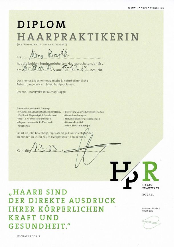 Wellness- und Naturfriseurin Haarwuchs Spezialist Yelasai Zertifikat
